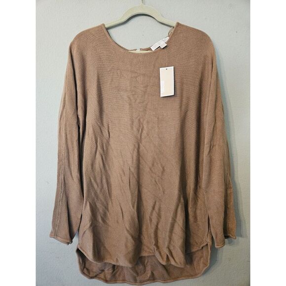 NWT Michael Kors Scoop Neck Sweater Waffle Knit High Low Hem Women's L Drk Camel - Picture 1 of 8